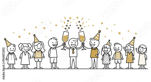 Joyful stick figures in party hats celebrate with champagne and confetti a diverse group of adults and children sharing