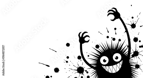 Whimsical black monster with spiky fur and wide grin splatter effects playful cartoon style isolated on white