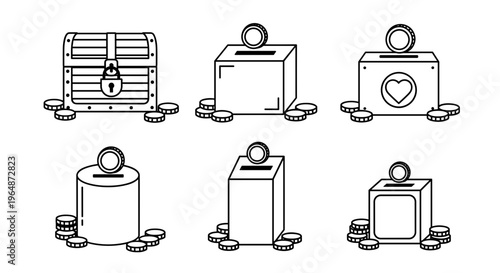 Collection of diverse donation boxes and treasure chests symbolizing charity savings and financial contribution