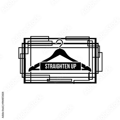 Minimalist black and white graphic logo design featuring a clothes hanger and the text straighten up within abstract