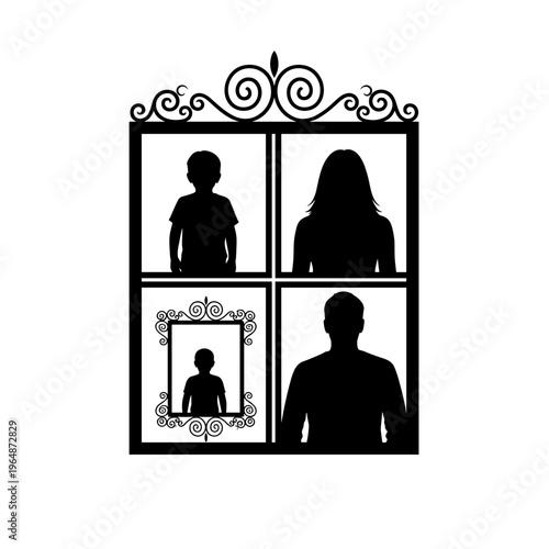 Generations of family silhouettes in ornate framed windows representing ancestry and legacy childhood to adulthood