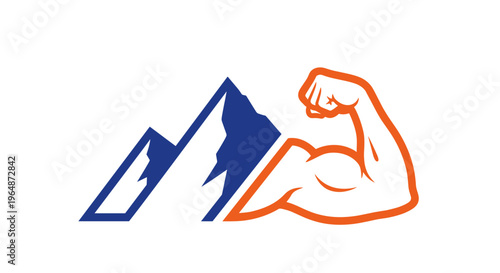 Abstract mountain peak with a strong flexed arm symbolizing strength achievement and overcoming challenges in a modern