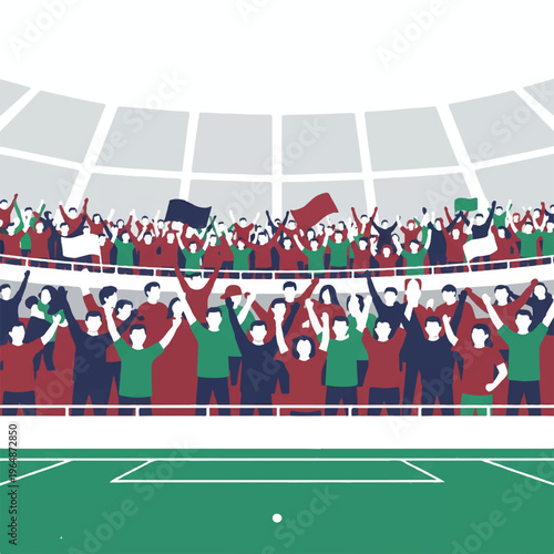 Minimalist flat vector illustration of a diverse group of soccer fans cheering in a modern stadium. Bright clean lighting, celebratory mood, high-quality digital render. Palette includes deep