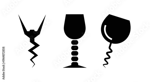 Abstract black silhouettes of wine glasses and corkscrews symbolizing celebration alcohol consumption and party