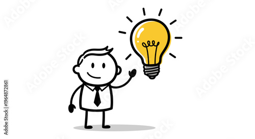 Enlightened businessman character with a bright glowing lightbulb above his head symbolizing a new brilliant idea