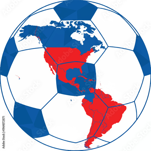 Flat vector illustration of a soccer ball with a stylized map of North America on its surface. Symmetrical composition, balanced lighting, professional aesthetic. Colors limited to cobalt blue