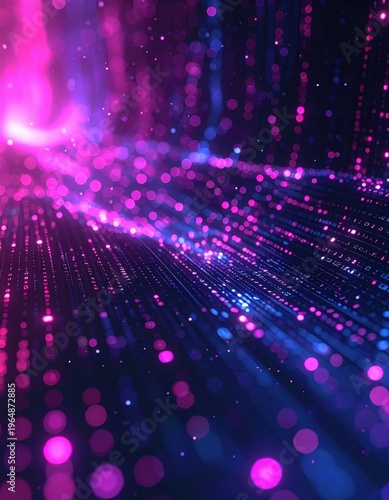 Colorful light trails with bright dots radiating in a vibrant spectrum, creating a mesmerizing visual effect of energy and motion.