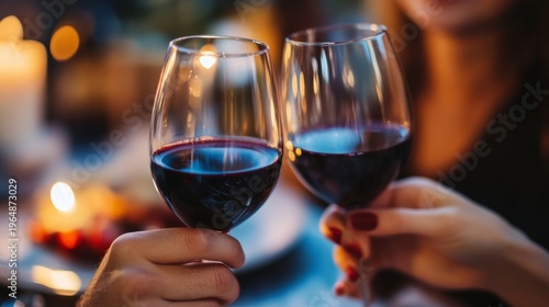 couple toasting with wine glasses during dinner. generative ai