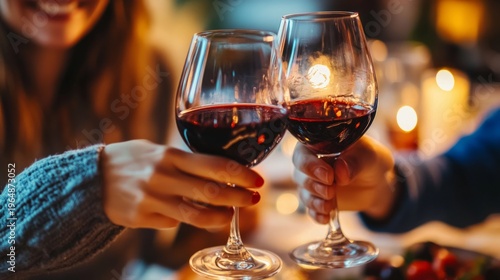 couple toasting with wine glasses during dinner. generative ai