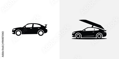 Black silhouettes of two cars with one hood open vehicle