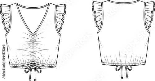 WebTechnical fashion illustration of sleeveless cropped top with V-neckline, ruched front detail, ruffled shoulders, and adjustable drawstring hem for apparel design and garment construction