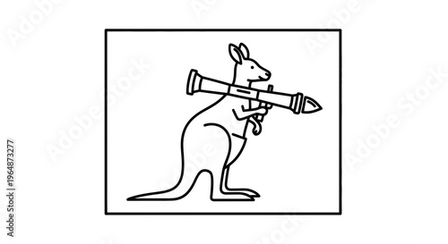 Kangaroo Holding Rocket Launcher, Australian Animal, Military Concept, Line Art Illustration
