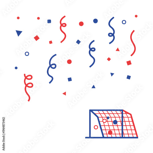Abstract celebration elements: falling minimalist confetti, stylized streamers, and a soccer net corner. Minimalist design using a limited palette of primary red and blue geometric shapes on a