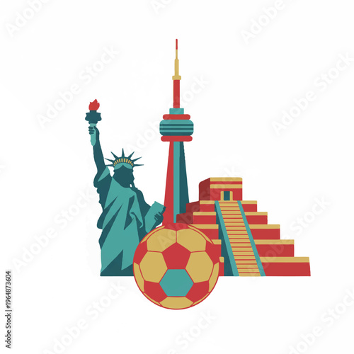 A collage of three simplified iconic landmarks representing the host nations: a stylized Statue of Liberty, CN Tower, and Aztec Pyramid with a soccer ball in the center. Limited color scheme of
