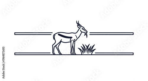 Minimalist black line art illustration of a graceful horned animal standing in its natural habitat