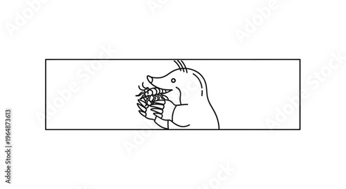 Minimalist black and white line art depicting a cartoon mole with a freshly caught insect meal