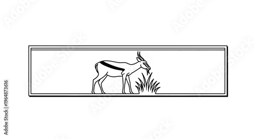 Elegant monochrome illustration of a graceful horned antelope creature grazing on savanna grass