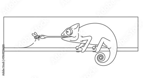 Chameleon skillfully capturing a flying insect with its long tongue, rendered in clean minimalist