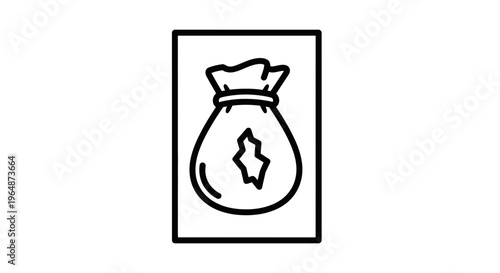 Minimalist black and white outline icon of a secured sack with economic assets