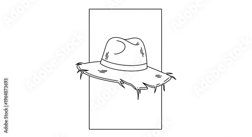 A timeless line art illustration depicting a classic straw hat with rustic charm and outdoor appeal