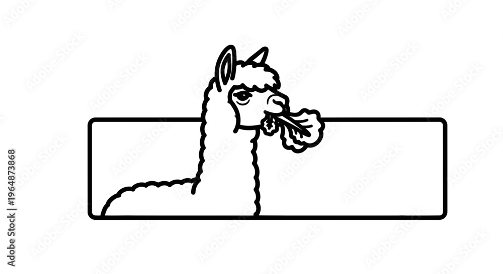 Obraz premium Charming black outline illustration of a fluffy alpaca enjoying a leafy snack within a simple frame