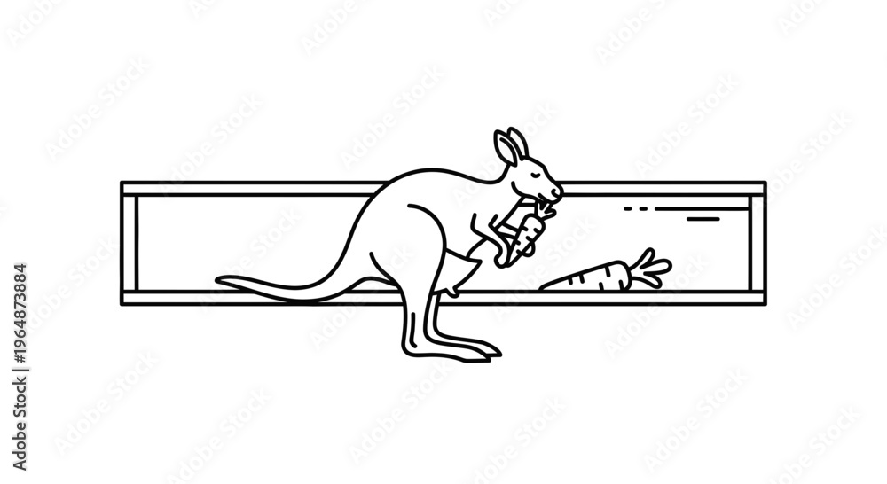 Fototapeta premium Charming minimalist kangaroo icon savoring a fresh carrot within a clear rectangular outline graphic