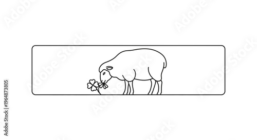 Minimalist line art illustration of a sheep grazing on a four-leaf clover symbolizing luck and