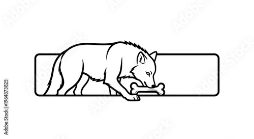 Monochromatic illustration of a wild canine holding a bone within a modern rectangular frame design
