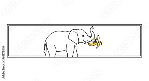 Charming minimalist line art illustration of a happy elephant enjoying a peeled banana in a clean