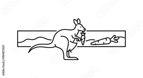 Monochromatic line drawing showcasing a kangaroo holding a carrot in its pouch with another on the