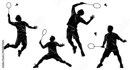 Badminton Players Silhouettes: Action Shots of Jump Smash, Serve, and Court Movement