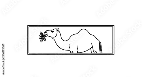 Elegant minimalist line art depiction of a desert camel holding fresh green foliage in a