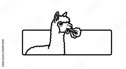 Charming black outline illustration of a fluffy alpaca enjoying a leafy snack within a simple frame