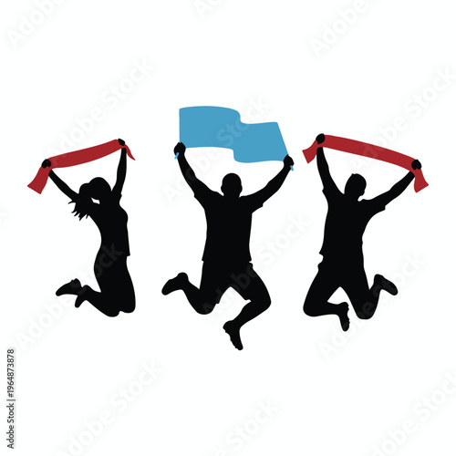 Silhouette of three diverse soccer fans cheering and jumping in euphoria, holding empty stylized scarves and blank flags. Minimalist color palette of deep red and light blue on a pristine white