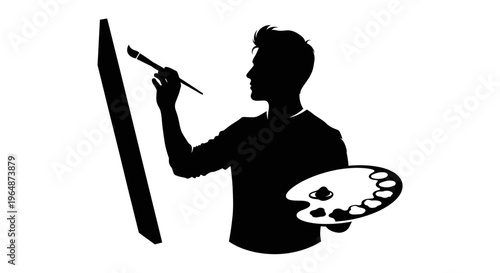 Artist painting on canvas silhouette, holding palette and brush