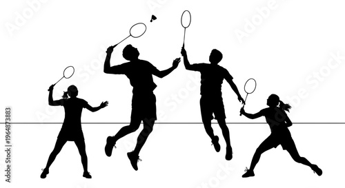 Badminton Players Silhouette, Action Shot, Dynamic Movement, Sports Illustration