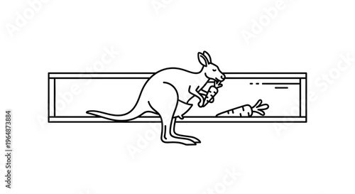 Charming minimalist kangaroo icon savoring a fresh carrot within a clear rectangular outline graphic