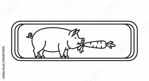 Minimalist outline drawing of a cheerful pig holding a fresh carrot in its mouth inside a rounded