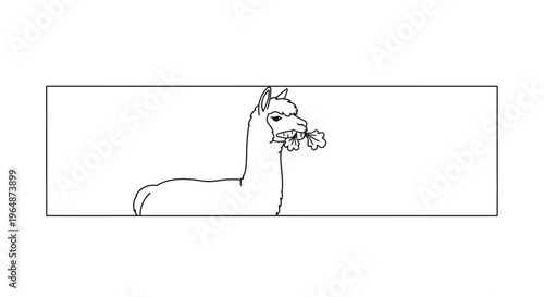 minimalist line art of a grumpy alpaca chewing clover leaves on a pristine white canvas