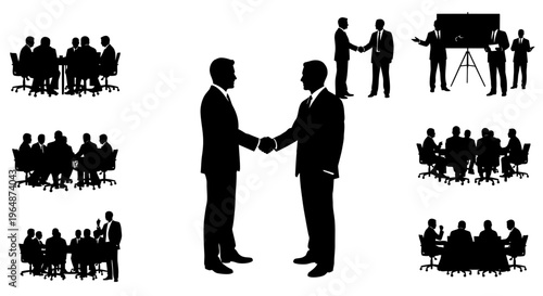 Business handshake and meeting silhouettes collage