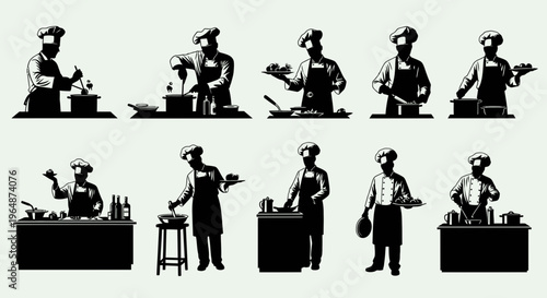 Chef cooking actions, silhouette icons set, culinary preparation, kitchen staff