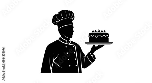 Chef Presenting Decorated Cake Icon - Silhouette of Baker with Pastry