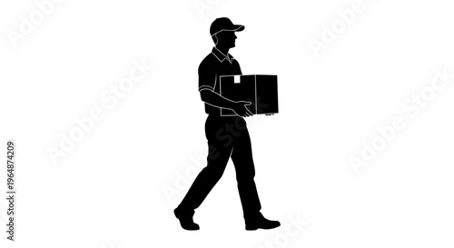 Delivery man silhouette carrying package, walking, isolated on white background