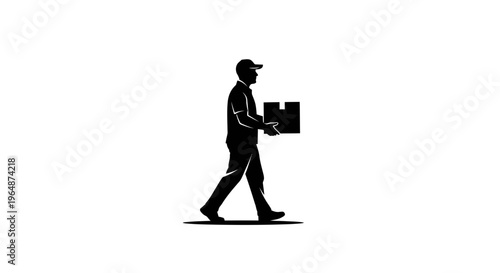 Delivery man silhouette carrying a package, isolated on white background
