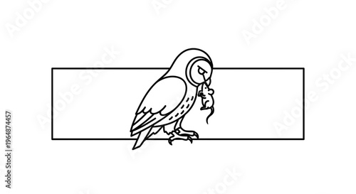 Minimalist black outline illustration of a predatory owl holding its captured mouse prey