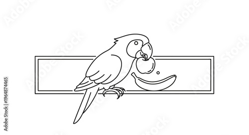 Detailed line art of a tropical parrot with fresh fruit for a healthy diet promoting wellness