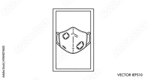 Hand-drawn outline illustration depicting a protective face covering with unique decorative patches
