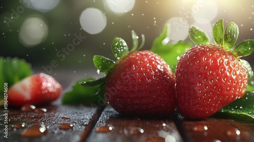 Fresh strawberries with water droplets on a wooden table. generative ai