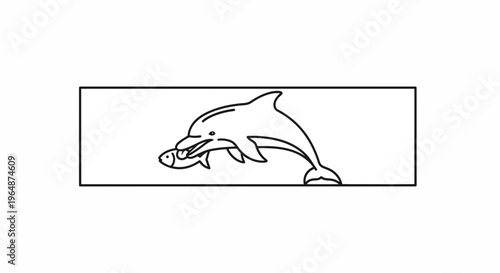 Minimalist line art illustration of a happy dolphin with its catch of a small fish in a simple