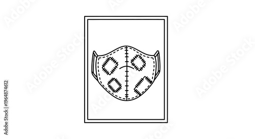 Minimalist outline illustration of a protective face mask with stitched details, conveying safety
